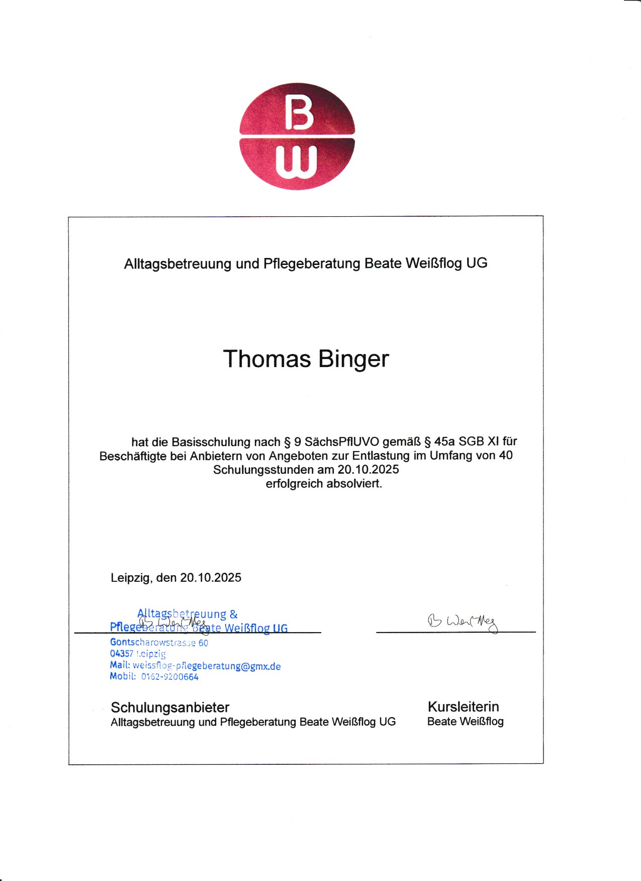 Zertifikat Basisschulung nach § 45a SGB XI